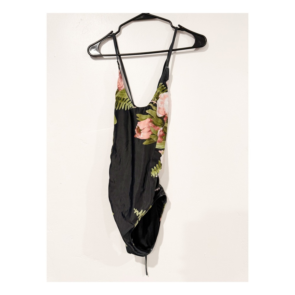 Albion Fit Womens XS Black Floral One Piece Swimsuit Lace Up Back Pink Rose